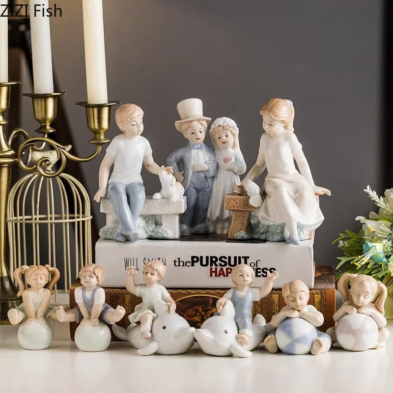Painted Ceramic Family Figure Statue Decorative Figurines Quality Porcelain Crafts Portrait Sculpture Home Decoration Modern