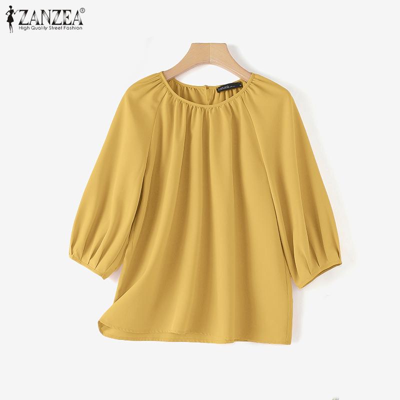 ZANZEA Lässige Bluse mit Rundhalsausschnitt und langen Ärmeln für Damen in Volltonfarbe