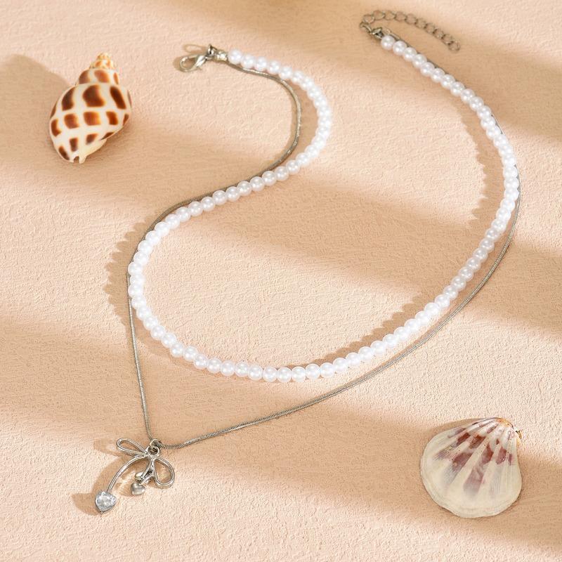 Stacked Pearl Necklace Retro Necklace Light Luxury High Sense Bow Collarbone Chain Women