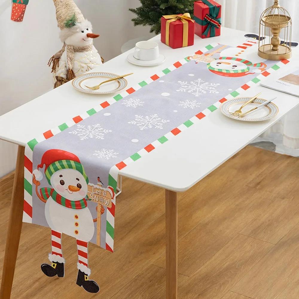 Cartoon Fabric Christmas Tablecloth Xmas Ornament Navidad Table Runner Reusable Merry Christmas Table Flag Christmas