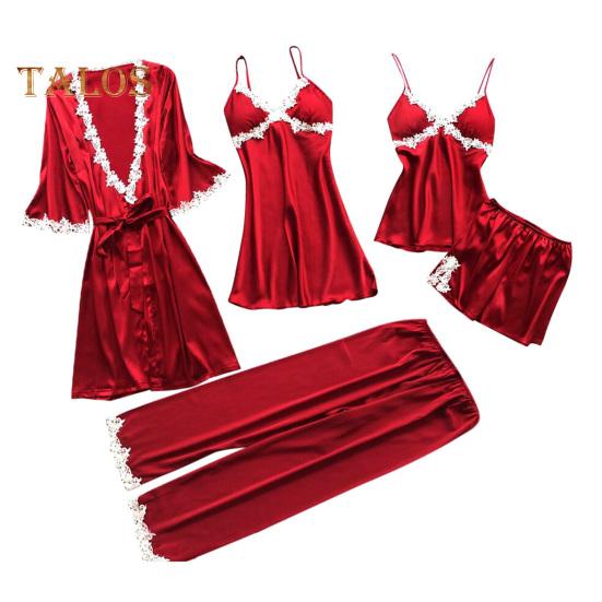 5 Pcs/Set Women Pajamas Suit Nightgown Nightdress Top Shorts Pants Set Silky Satin Lace Patchwork Loose Lace-up Waist Thin Women Homewear Set