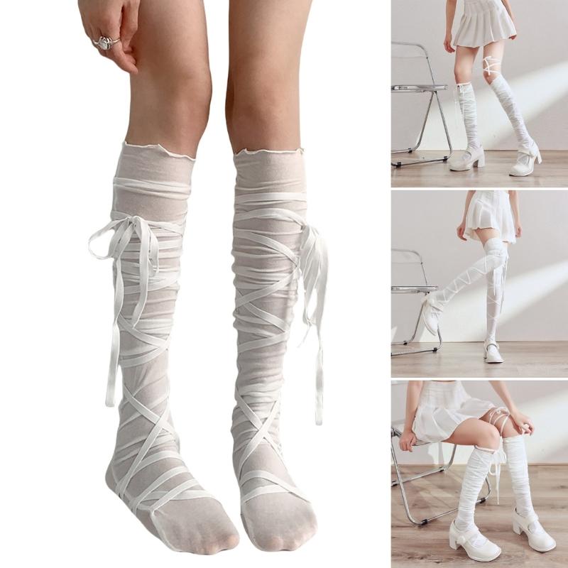 Damen Bandage Overknee-Socken Anime Cosplay Kostüm Riemchen Oberschenkelhohe Strümpfe Lange Stiefelsocken Strumpfwaren
