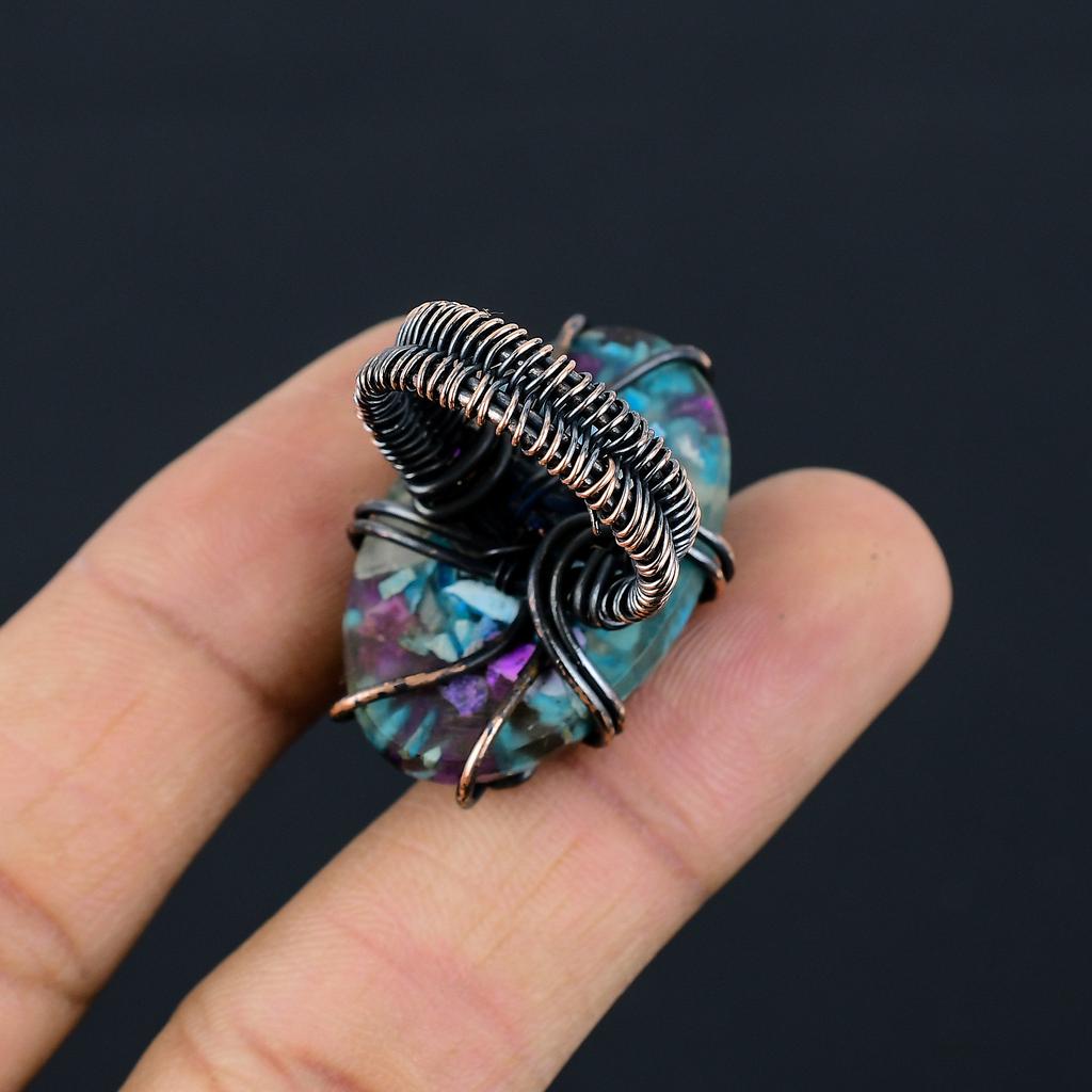 Pierre gemme naturelle d'huître épineuse enveloppée de fil de cuivre fait main Cadeau Bague Taille 8 m0W70