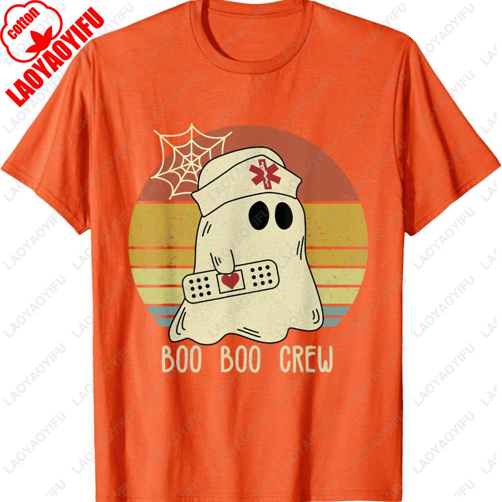 Boo Boo Crew Nurse Halloween Graphic T Shirts Spider Web Woman Men Cotton Tshirt Tops Lovely Ghost Nurse Crewneck T-shirt