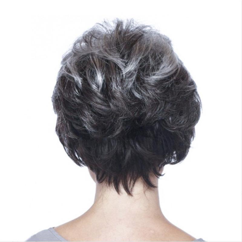 Synthetic Natural Mommy Wig with Bangs Grey Black Short Wigs for Women Older Lady Hairstyle Halloween Costume Wigs for Mother
