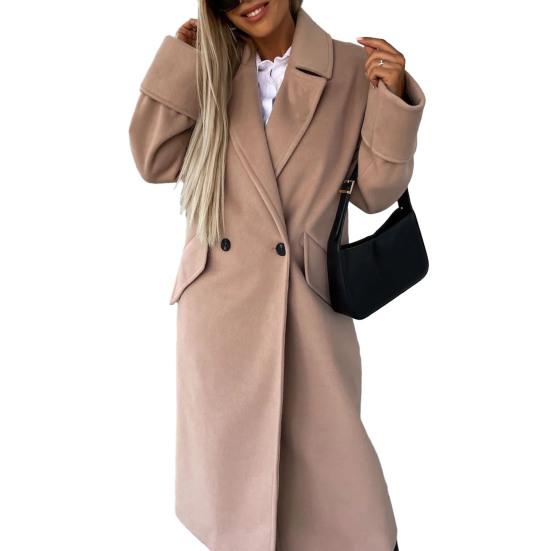 Woman Fall Winter Overcoat Solid Color Loose Double-breasted Straight Long Sleeve Thick Windproof Mid Length Lapel OL Commute Style Coat