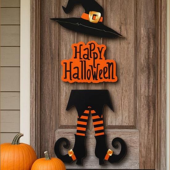 Happy Halloween Welcome Sign Witch Legs Hat Hanging Wooden Wall Decor Rustic Front Door Hanger for Porch Wall Indoor Outdoor Decor