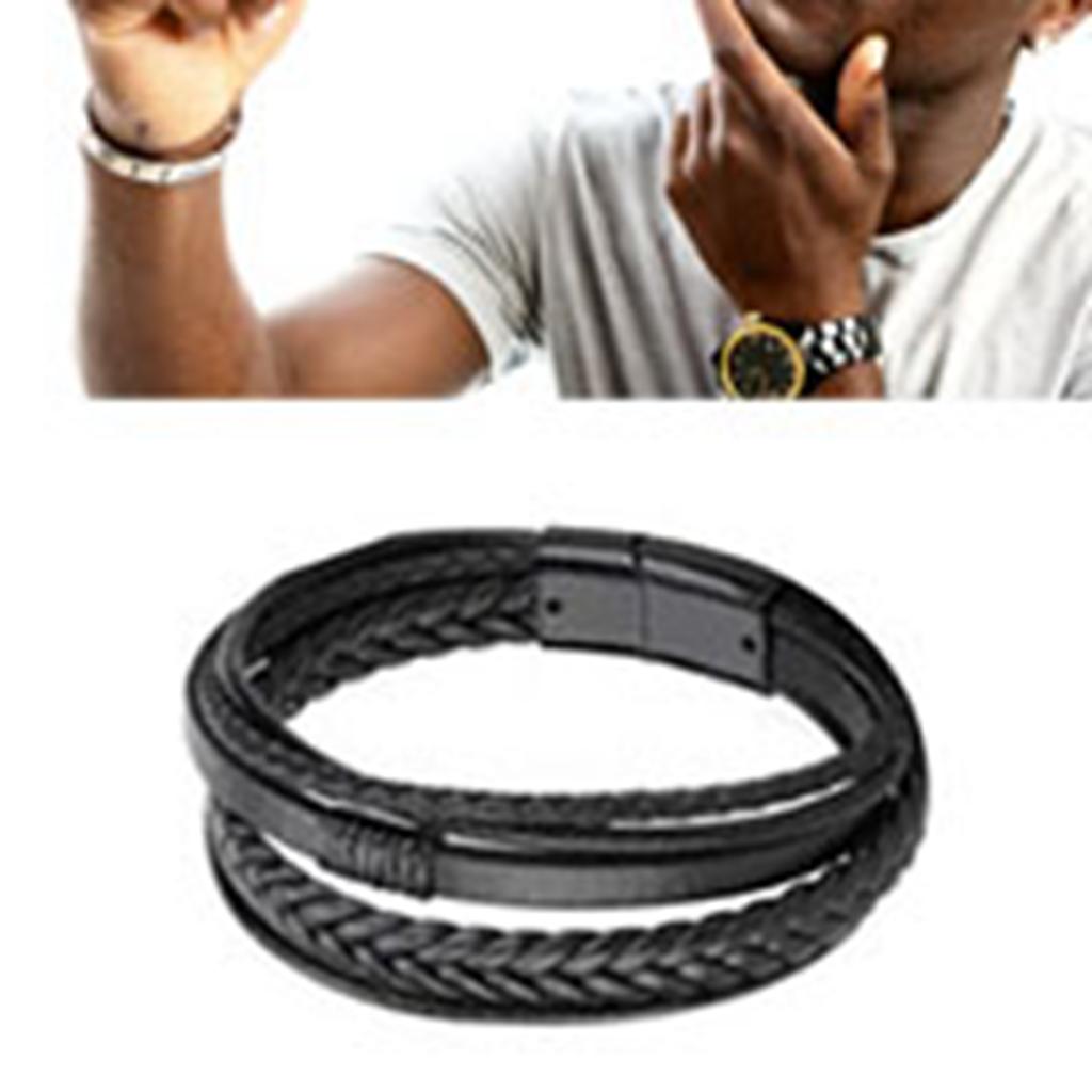 PU Leather Braided Bracelet Men Black Simple Fashionable Alloy Buckle Woven Bracelet Jewelry Accessory