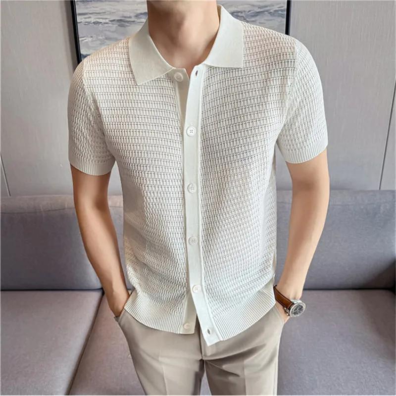 Sommer Herren Strick Poloshirts Kurzarm Smart Casual Leicht Turn-Down-Kragen Leinen Strick Cardigan Herren Atmungsaktive Polos
