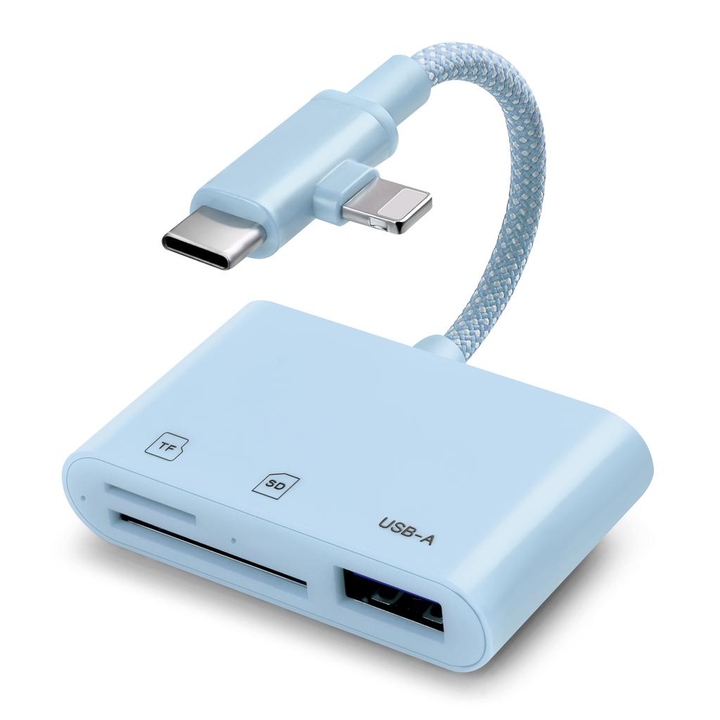 SD Card Reader for iPhone/iPad, Braided Nylon Cable with Dual Lightning and USB-C Connectors, SD/TF USB 3.0