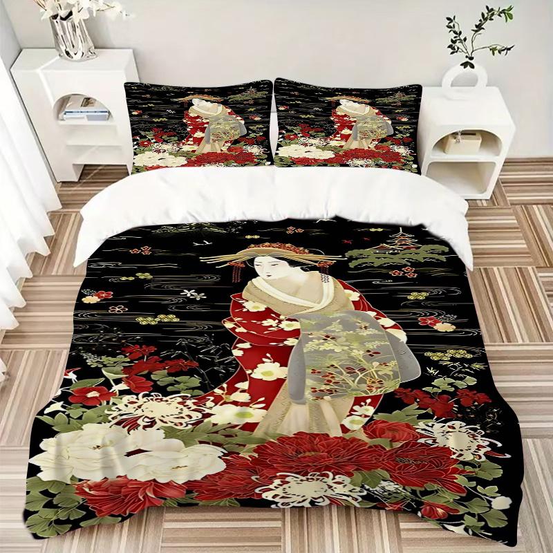 3pcs Anime Geisha Comforter Set with One Quilt Cover and Two Pillowcases (No Core), Bedroom Decor - Perfect Gift for Anime Lovers - Polyester Fabric -