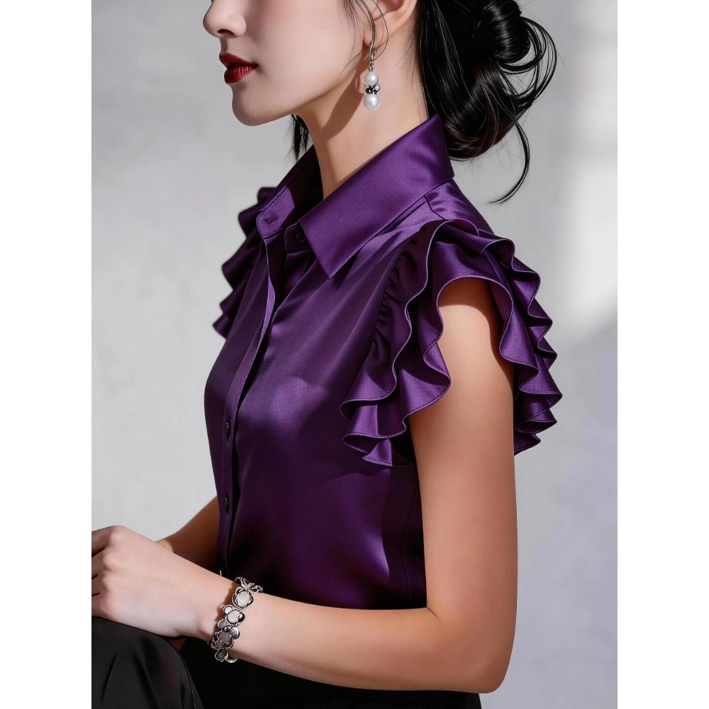 Summer new satin ruffle edge short-sleeved women's solid color casual shirt
