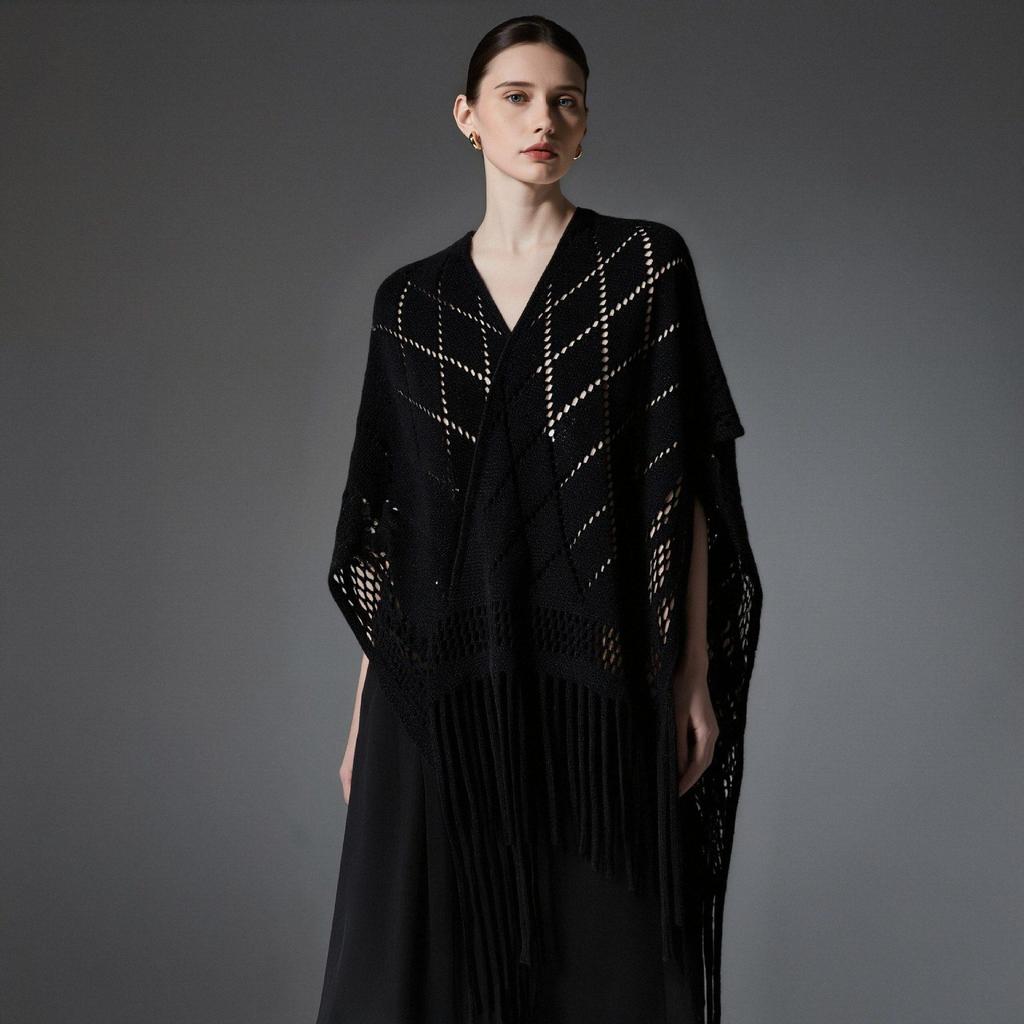 Hot-Selling Knit Shawl: Spring Summer Autumn, Hollow Design, Tassel Trim, Solid Color, Lightweight for European & American Styles.