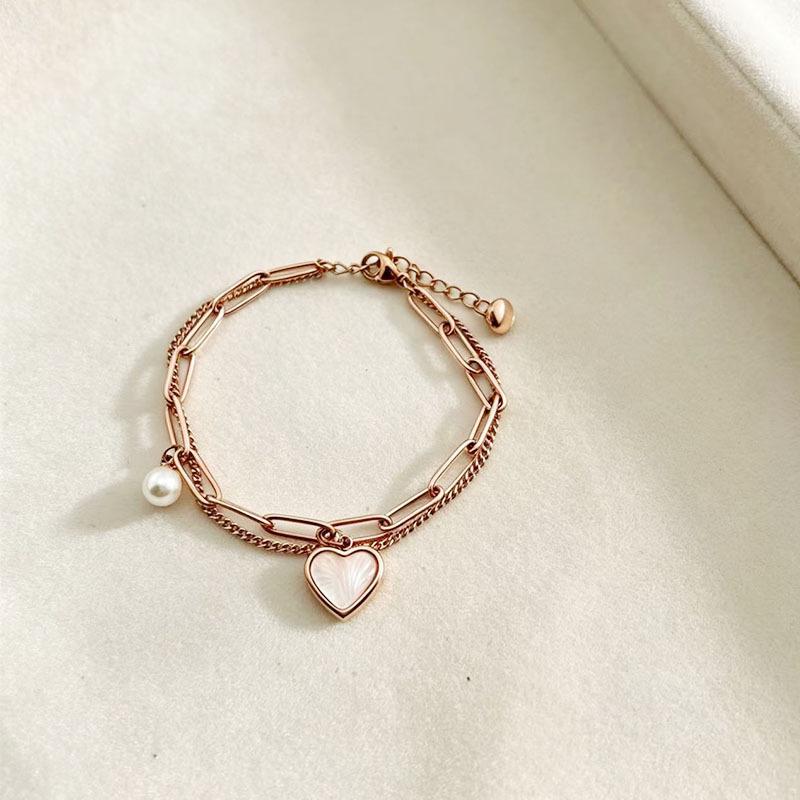 European & American Double Layer Heart Shell Pearl Titanium Bracelet - Colorfast Stainless Steel, Light Luxury Jewelry