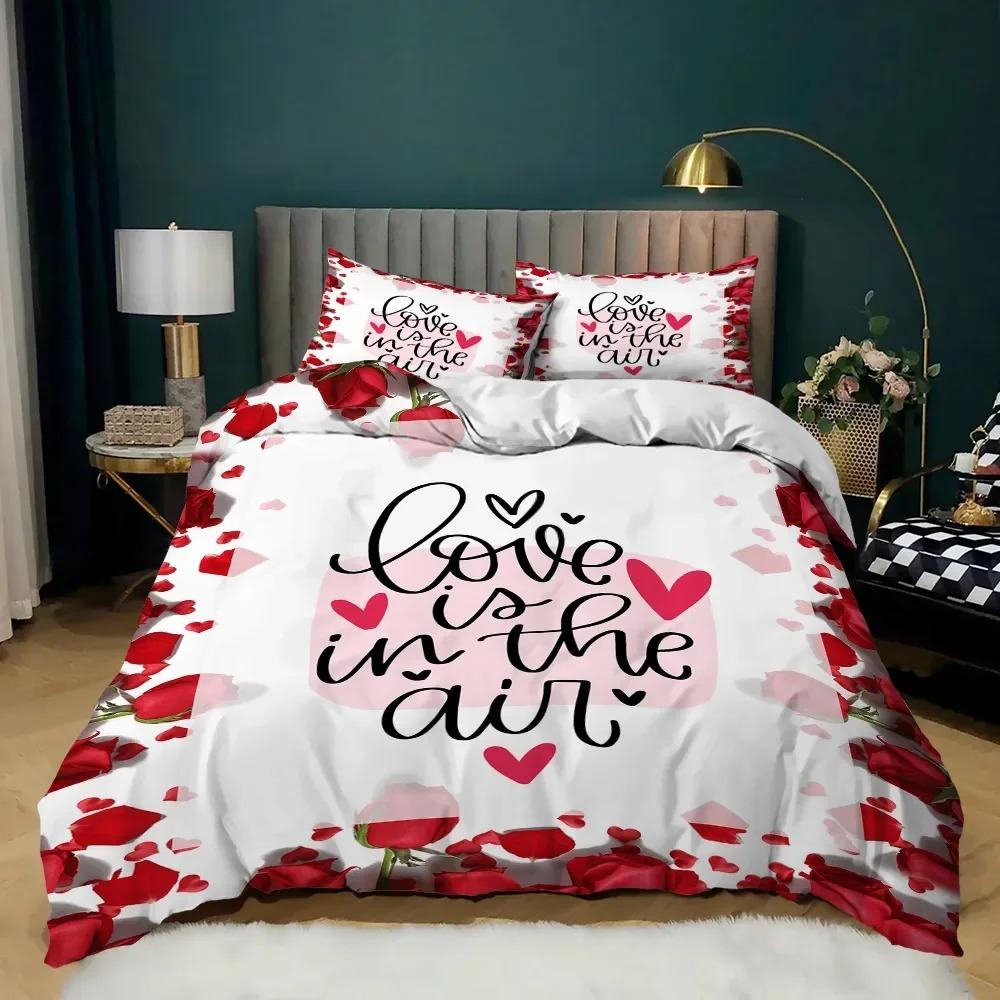 Liebesherz Bettbezug Rot Lila Rosenblume Bettwäscheset Bettbezug Bettdecke Valentinstag Geschenk Paar Liebhaber Schlafzimmer