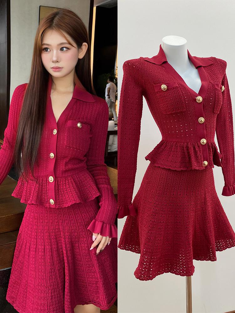 SP House 2025 Red French High-End Faux Two-Piece Dress for Early Autumn and Christmas L