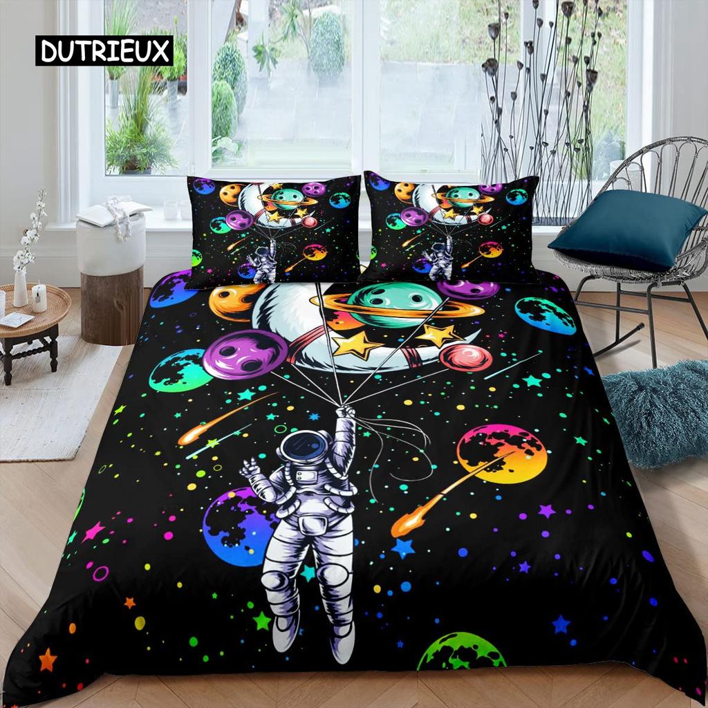 Astronaut Duvet Cover Set Astronaut Playing Guitar Bedding Set Teen Boys Kids Galaxy Stars Outer Space Polyester Comforter Cover