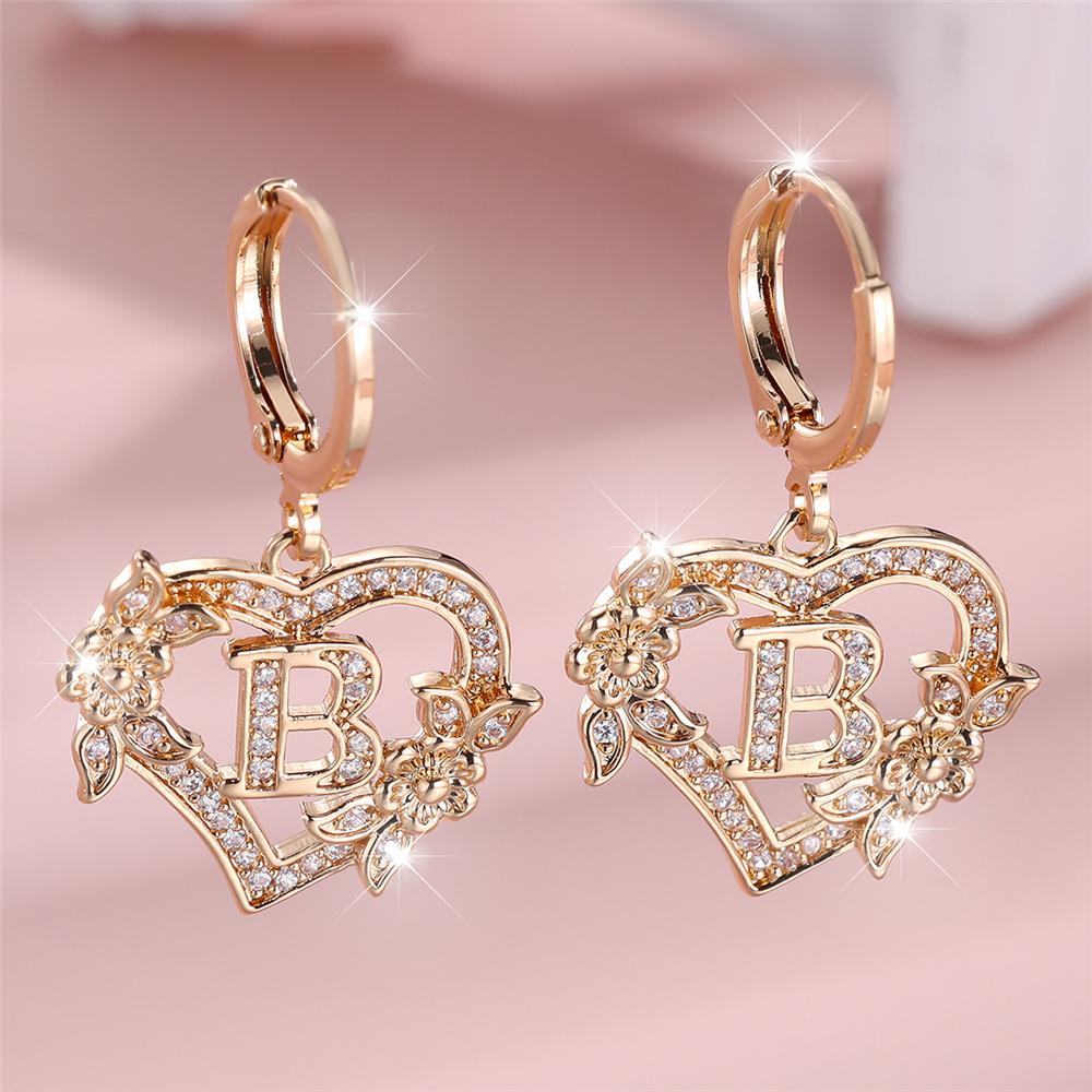 Vintage Hollow Love Heart Flower A-Z 26 Letters Hoop Earrings Yellow Gold Color White Zircon Earring Wedding Jewelry For Women
