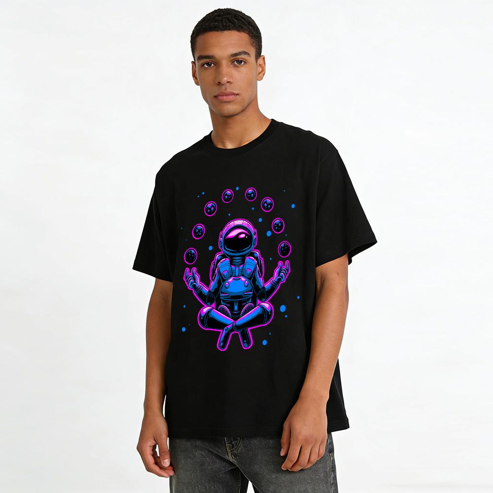 Cyber Zen Astronaut Print Tee Trendy Space Theme Casual Top Pure Cotton T-shirt
