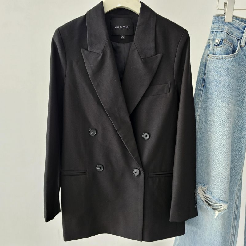 

1038# Oversize Retro Classic Women s Double Breasted Loose Long Sleeves Black Suit Outwear 0.73kg Black S