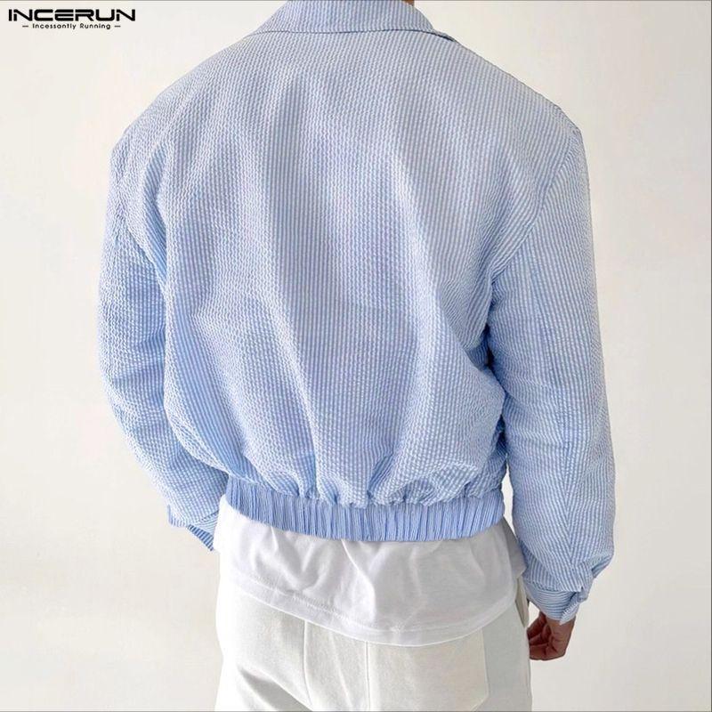 INCERUN Men Lapel Long Sleeve Zipper Up Striped Cropped Jackets Short Coats