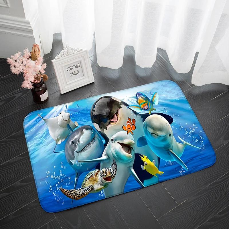 Modern Area Rug Kitchen Mat Anti-slip Underwater World Dolphin Absorbent Bath Mat 3D Print Long Bedroom Entrance Doormat Tapis