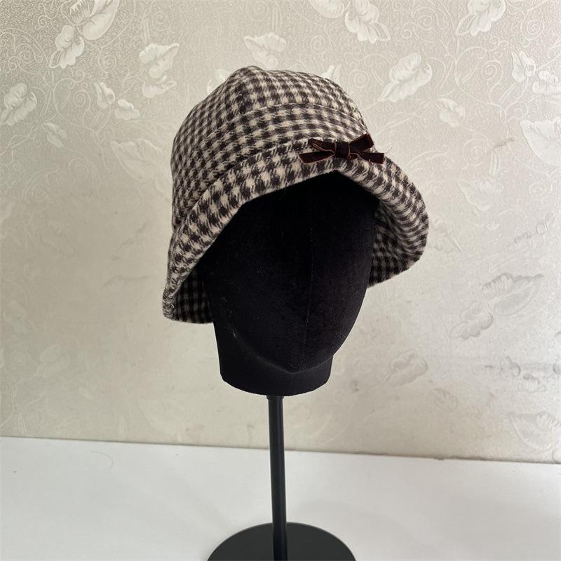 

New cornice bow plaid fisherman s hat children s autumn and winter versatile face bucket hat basin hat M（56-58cm）