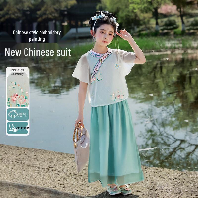 ASK JUNIOR Girls  Chinese Style Summer Two-Piece Set 160
