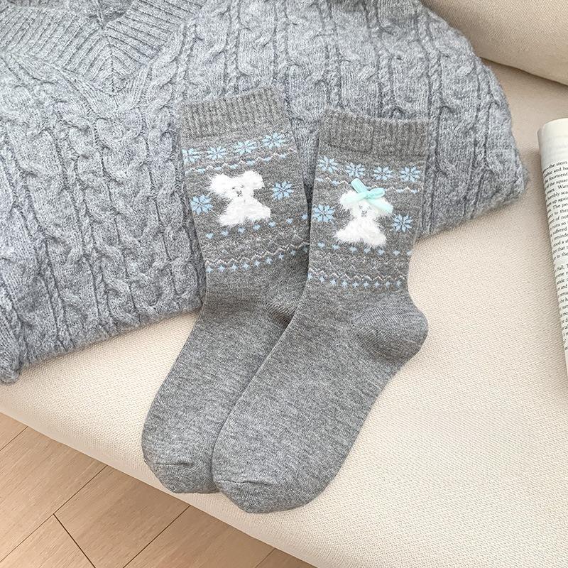 Fall/Winter Gray Warm Fleece Socks - Children's Color-Contrasting Butterfly Knot Mid-Calf Socks with Hollowed-Out Hemp Patterned Layers for Women