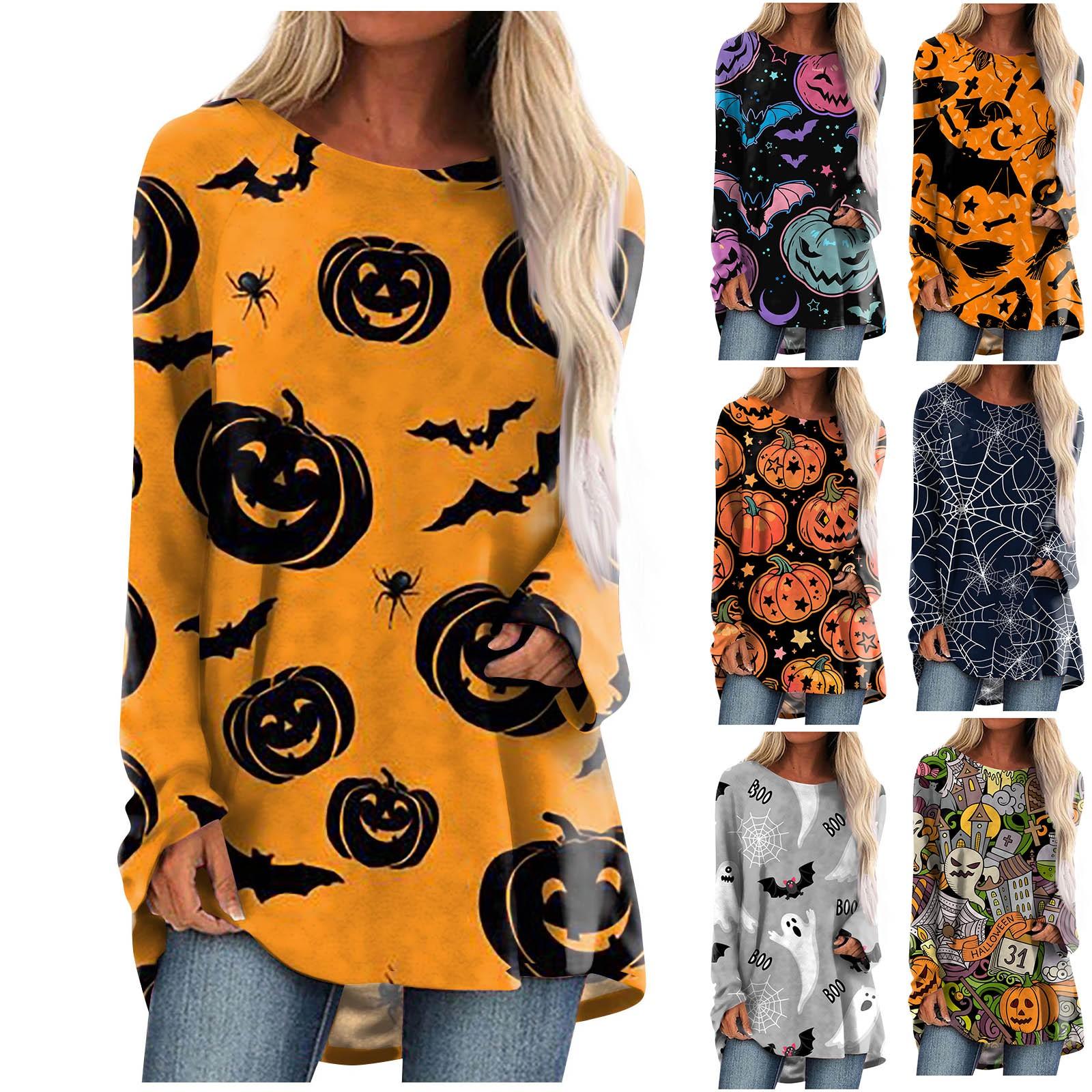 

Женская мода, повседневная блузка с длинным рукавом и принтом на Хэллоуин, пуловер с круглым вырезом XL чёрный