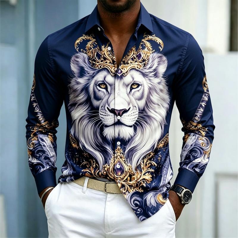 Camicia da uomo a maniche lunghe con colletto camicia Stampa Re Leone camicia business casual alla moda casual taglia grande vestibilità aderente top da uomo