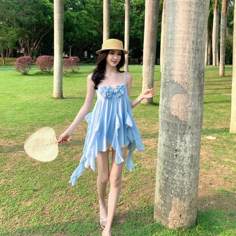 French three-dimensional flower suspender dress women's clothing summer seaside vacation temperament irregular ruffle edge short skirt