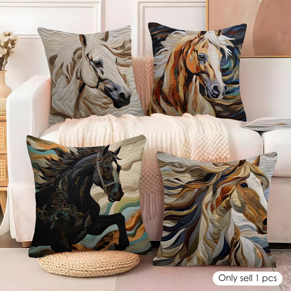 Printing Stylish Horse Cushion Cover Natural Linen Organic Fabric DoubleSided Printing Sofa Home Decor Gift Pillow Cover