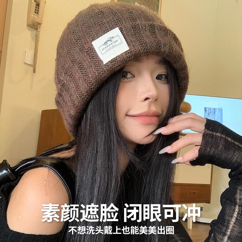 Big head circumference wool hat for women's autumn and winter 2024 new model, small face, warm and cold protection, big face knitted pile cold hat