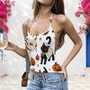 Women Plus Size Scoop Neck Cat Pumpkin Halloween Print Sleeveless Side Chain Strappy Open Back Tank Top