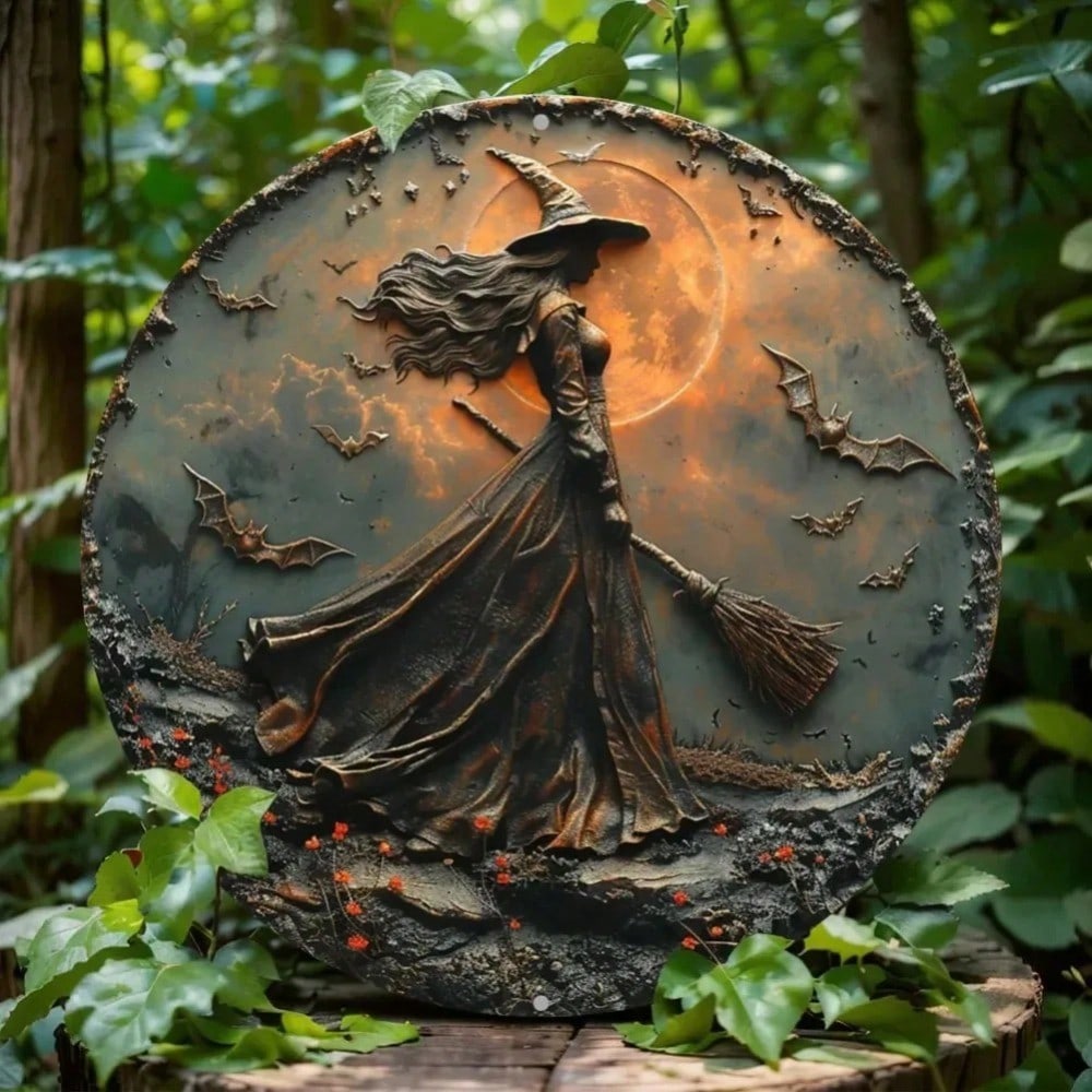 

Metal Wall Art Gothic Witch Decor Round Aluminum Sign Home Office Holiday Gift TYA24456-20X20CM різнокольоровий