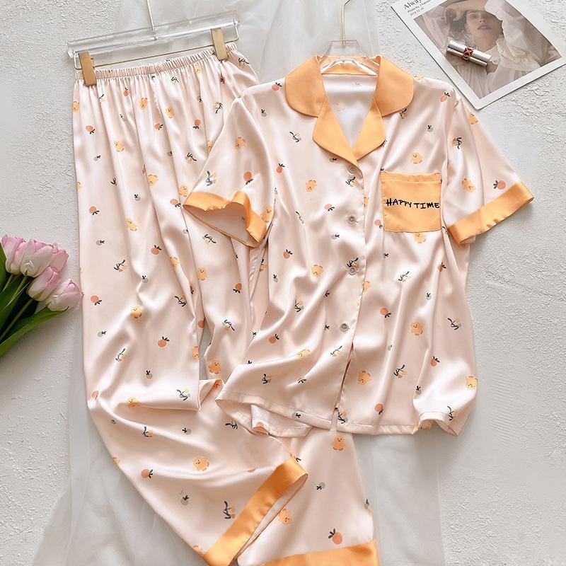Sweet And Cool Girl Ice Silk Pajamas Women'S Summer Short-Sleeved Trousers Casual Lazy Style Loungewear Can Be Worn Outside