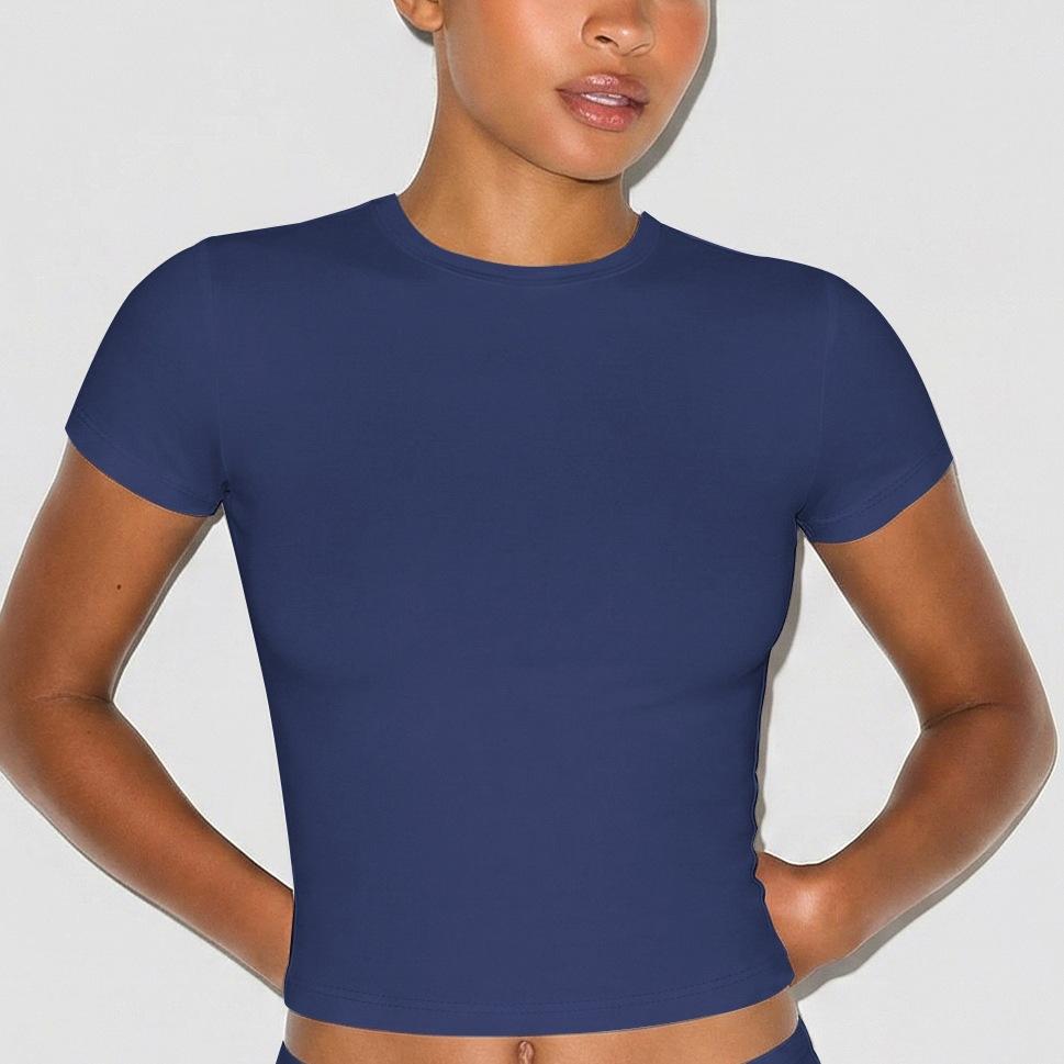 Cross-border new sports and leisure short-sleeved suit, European and American Spice Girls slim-fit elastic tight round neck front shoulder T-shirt top