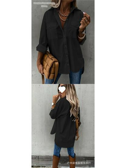 European American Women's Versatile Pocketed Long-Sleeve Lapel Shirt