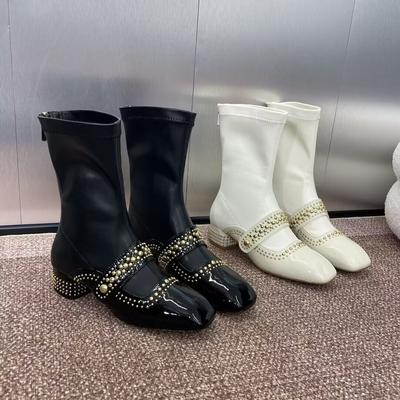 Rivet Square Heel Elastic Short Boots Women'S Medium Heel Leather Rear Zipper Martin Boots British Skinny Boots