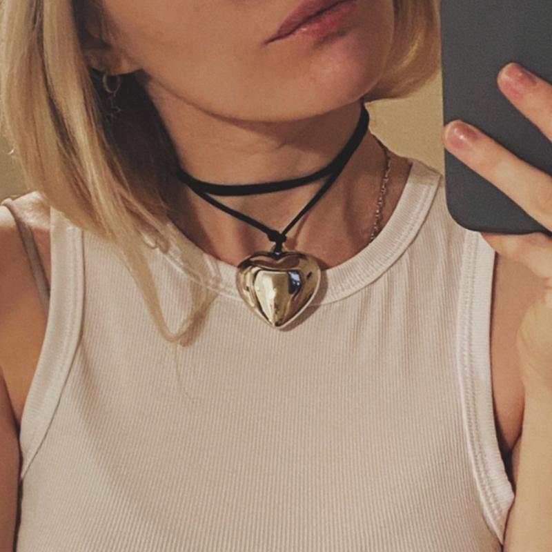 Goth Wax Rope Big Heart Pendant Choker Necklace for Women Elegant Weave Knotted Bowknot Drawing Adjustable Chain Jewelry