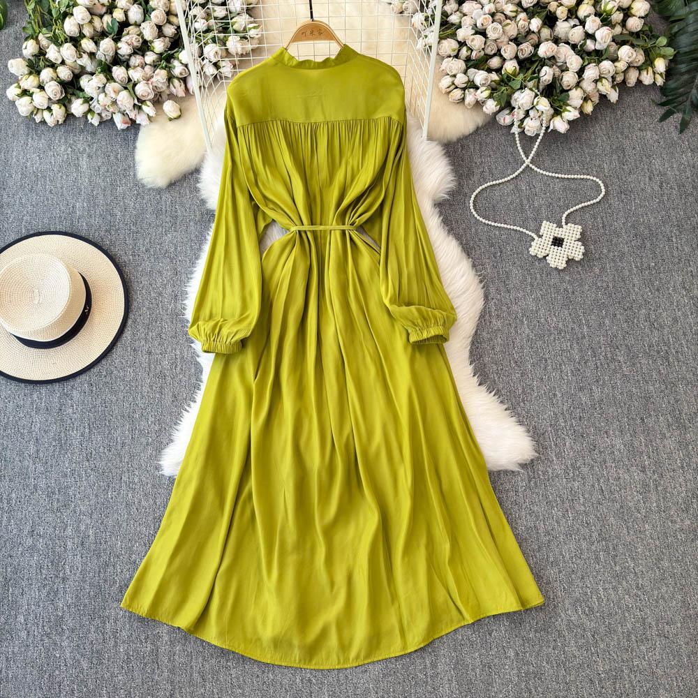 Jemný styl Temperament Bublinkové rukávy Stojáček Stahovaný pas Áčkový střih Volánový okraj Šifonové šaty Elegantní Velká kolová Dlouhé šaty