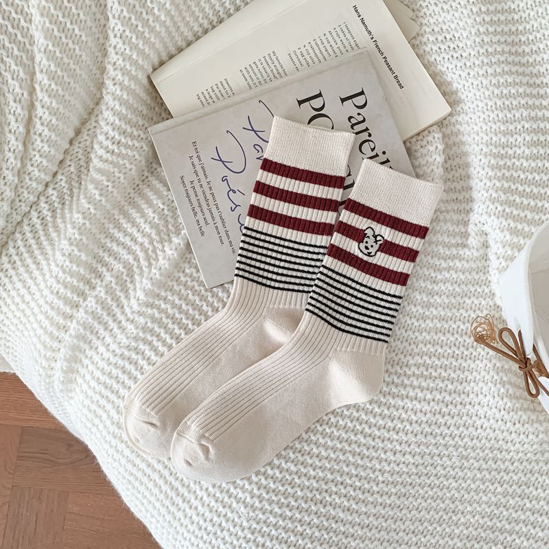 Autumn and Winter Striped Embroidered Puppy Cartoon Mid-calf Socks for Girls