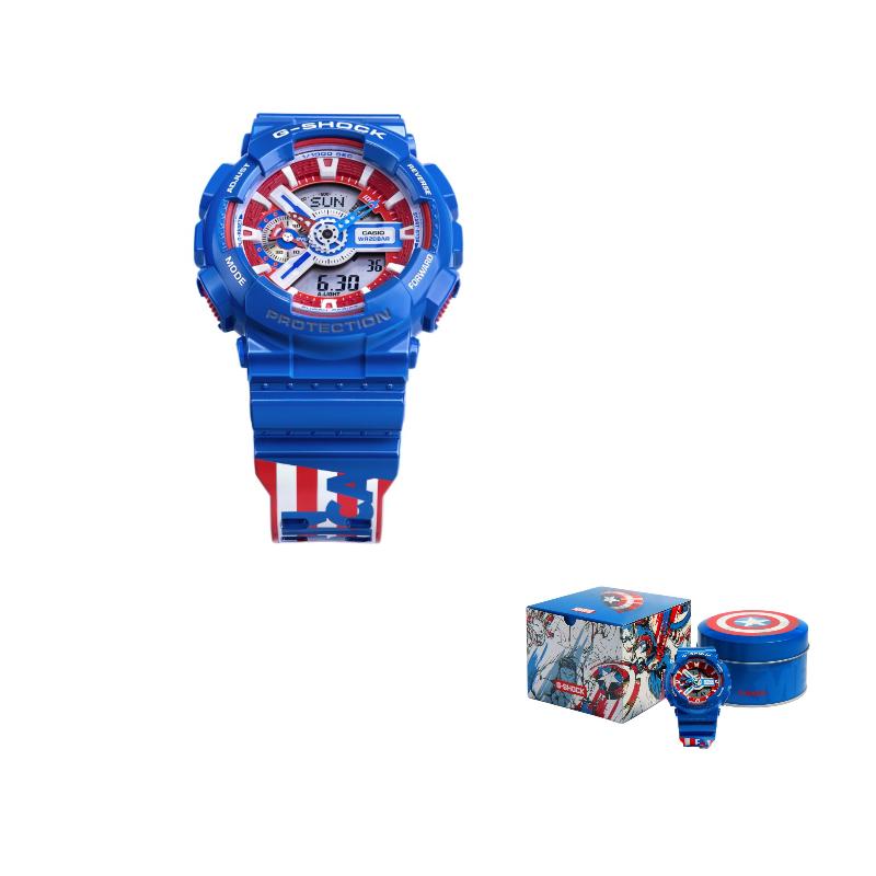 Casio G-Shock Marvel Edição Limitada Conjunto de Presente Capitão América Série de Display Duplo Resistente à Água 200M Movimento de Quartzo Pulseira de Resina GA-110CAPTAIN-2PR
