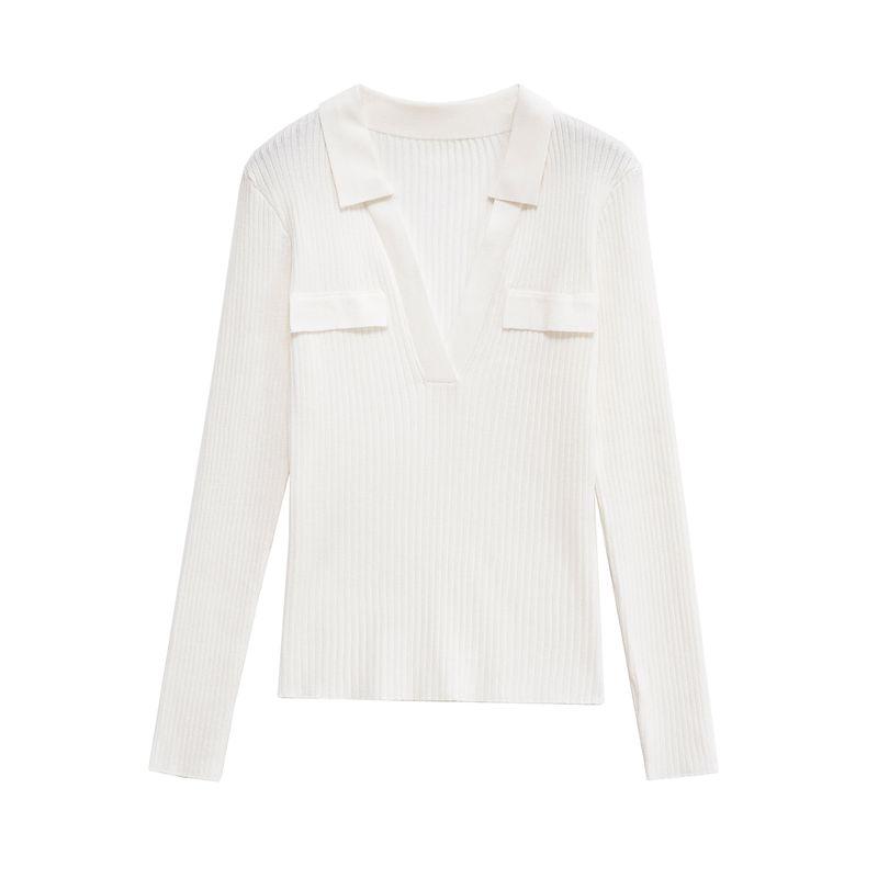 Kaslead New Women clothes Western Style Fashion Simple Polo Shirt Collar Rib Long sleeve 0858302