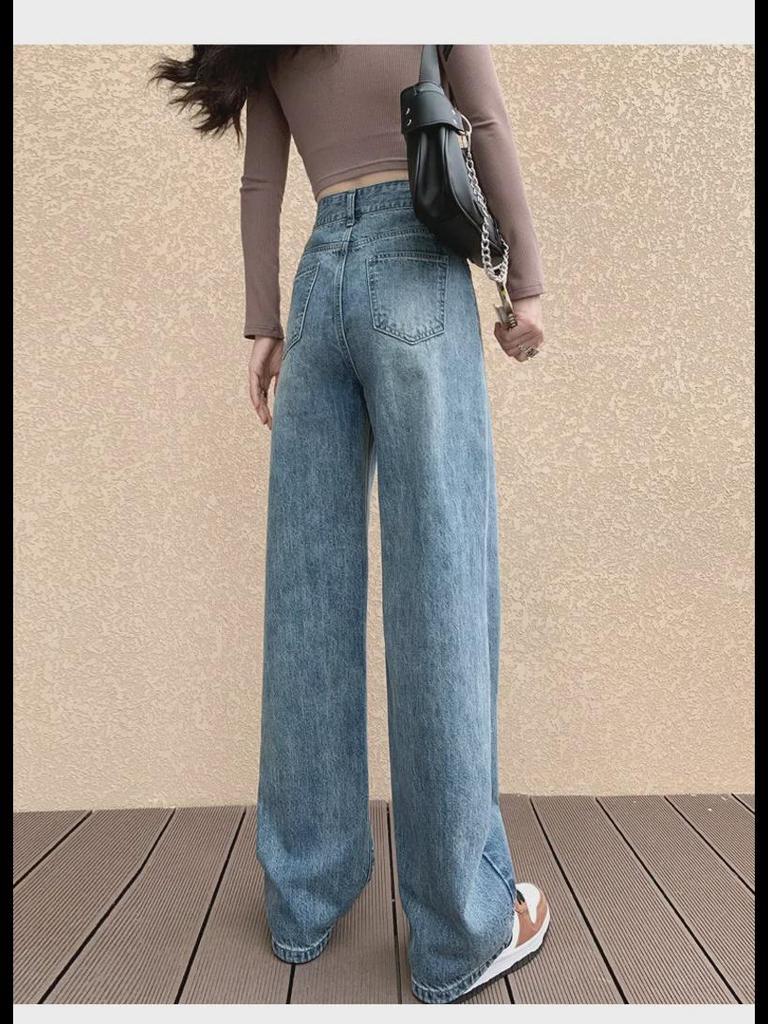 Women's Thick Velvet-Lined Wide-Leg Korean Style Jeans - High Waist, Loose Fit, Floor-Length, Slim Straight, Perfect for Winter Warmth.