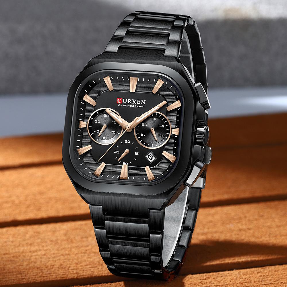 Mens Square Chronograph Watches Stainless Steel Wrist Watch with Date Luminous Hands Waterproof