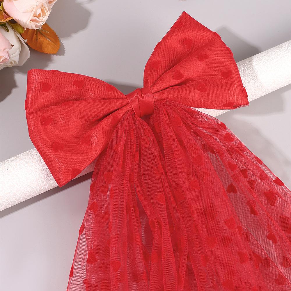Heart Print Mesh Bow Hair Clips For Women Romantic Red Tull Ponytail Hairpins Girls Valentine's Day Headwear Hair Accessories
