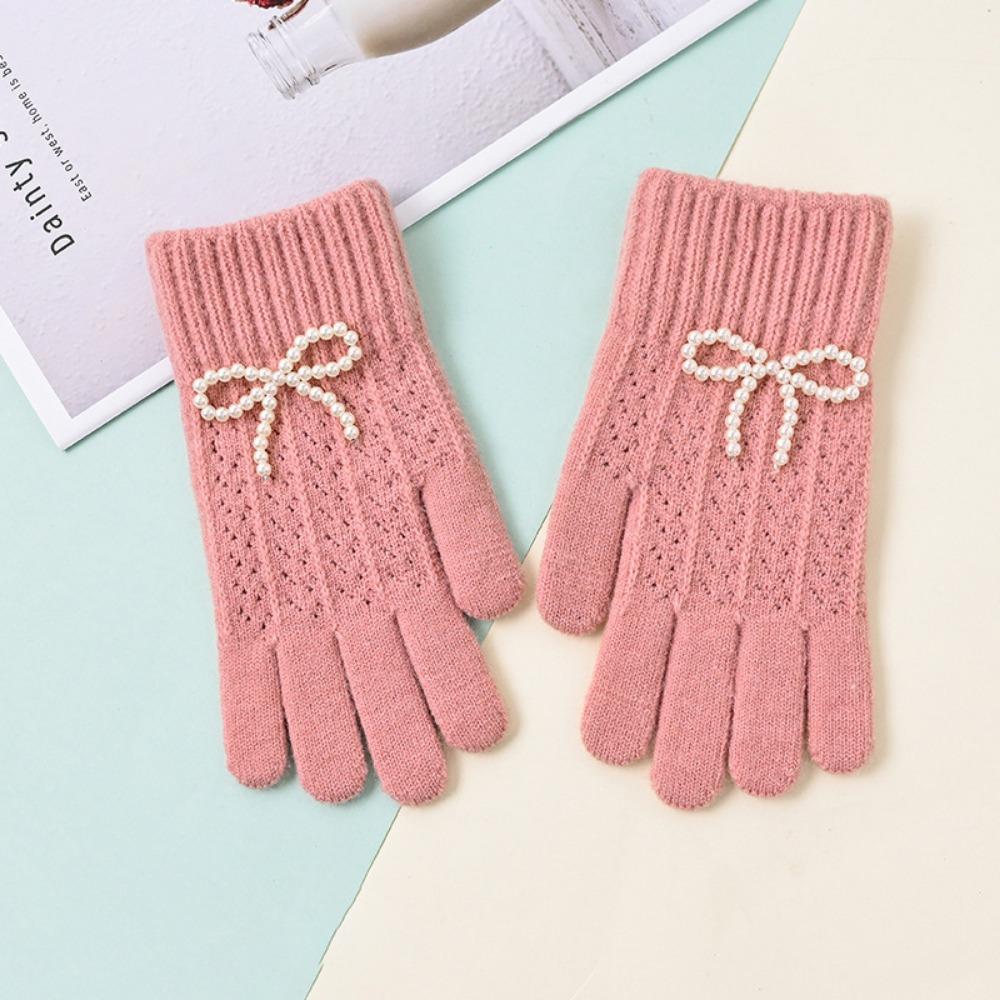 Fashion Pearl Bow Knitted Gloves Kawaii Women Mittens New Warm Fullfinger Gloves