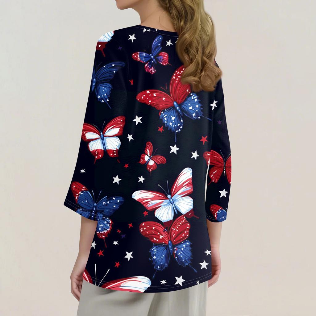 Women's T Shirt Print Button 3/4 Sleeve Daily Weekend Fashion Basic V- Neck Regular Top